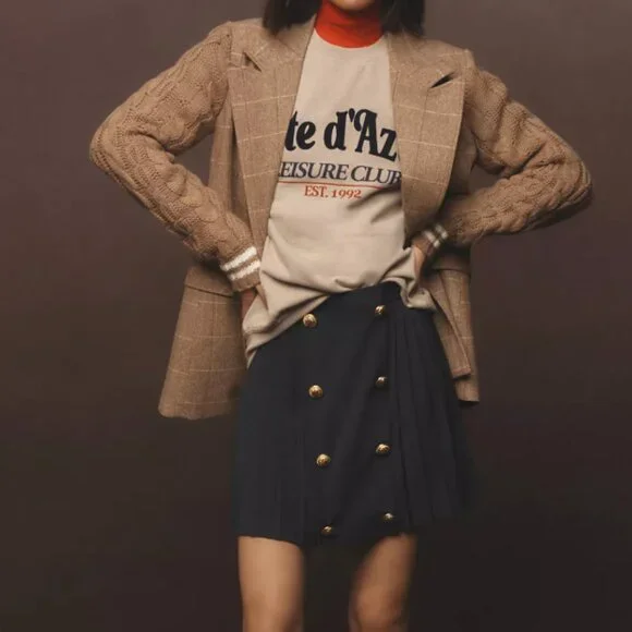 Avec Les Filles Tan Plaid Blazer with Cable Knit Sleeves - Picture 2 of 6